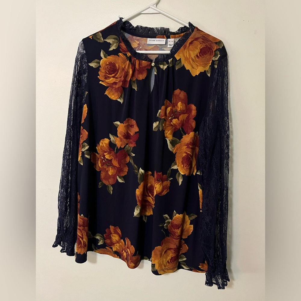 Susan Graver Navy Floral Blouse with Lace Sleeves